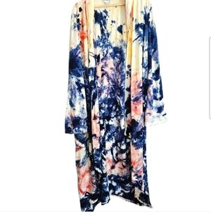 Tie-Dye Maxi Kimono Cardigan - Blue, Pink, Cream Beachy Resortwear